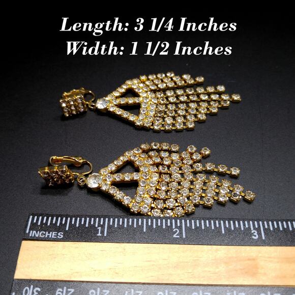 Vintage 1960s Rhinestone Long Dangle Clip Earrings, Gold Plated - Picture 10 of 10